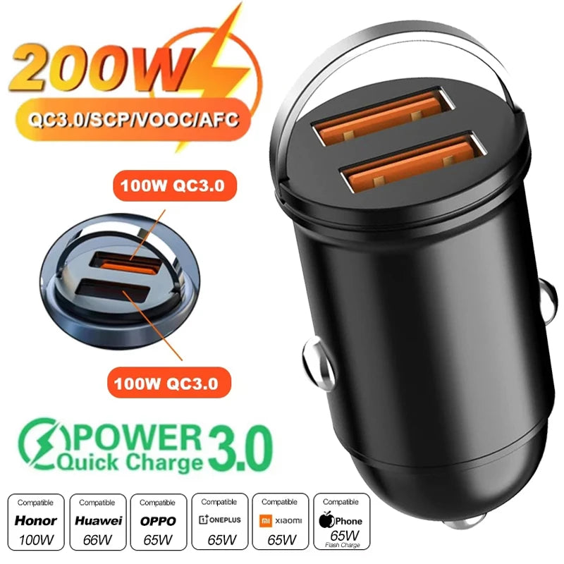Rapid Charge Dual Port Mini USB Car Charger - 100-200W Cigarette Lighter Adapter for 12-24V Devices