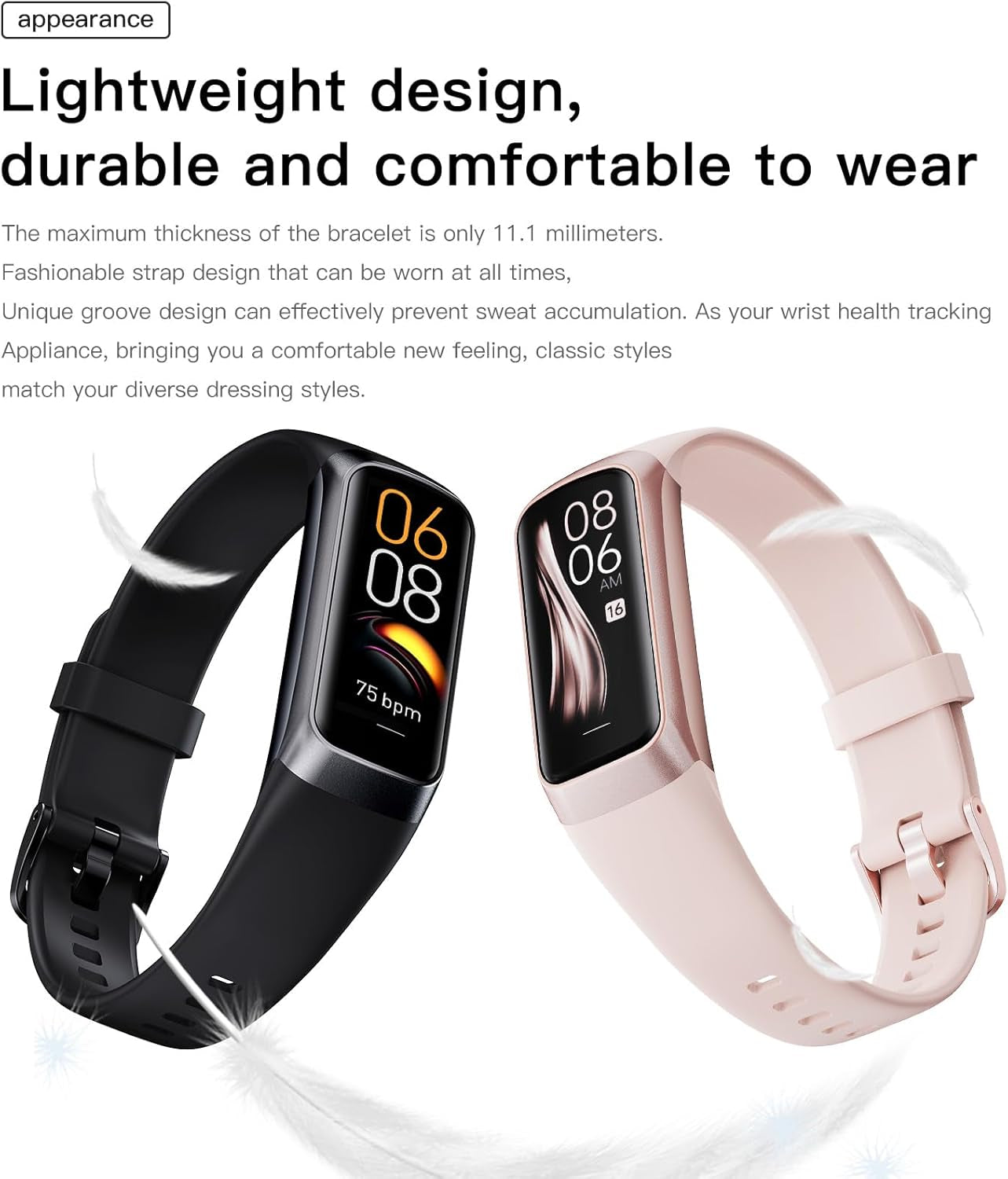Health and Fitness Tracker for Men and Women with AMOLED Display, Step Counter, Heart Rate and Blood Pressure Monitor, Calorie Tracker, IP68 Waterproof, Compatible with Android and iOS