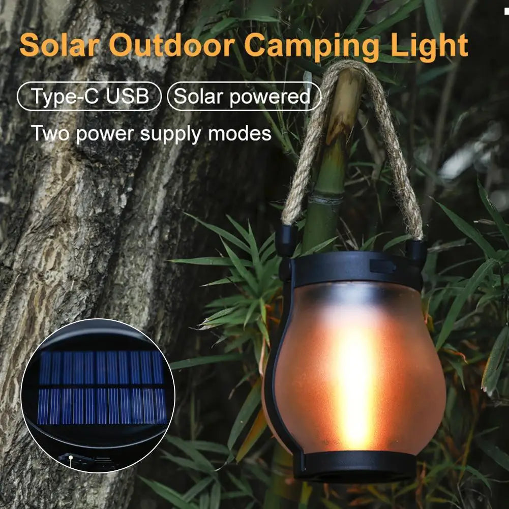 Rechargeable Solar Flame Lantern for Outdoor Decoration and Camping with Hemp Rope Hanger