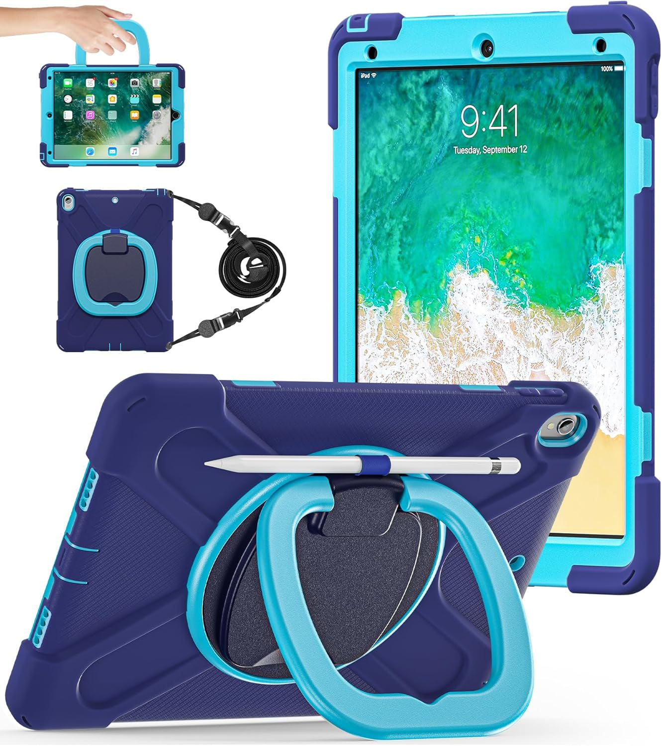 BATYUE Rugged Heavy-Duty Protective Case for iPad Pro 10.5 (2017) and iPad Air 3 (2019) with Pencil Holder, 360° Swivel Stand, and Shoulder Strap - Navy Blue and Blue