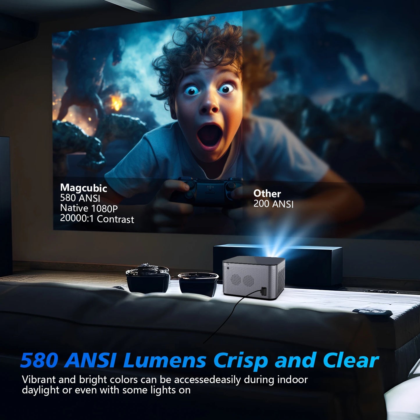 Magcubic HY350 Pro 580 ANSI Lumens Auto Focus Projector with Android 11, 4K/1080P Resolution, WiFi 6, Voice Control, and Bluetooth 5.0 for Home Cinema
