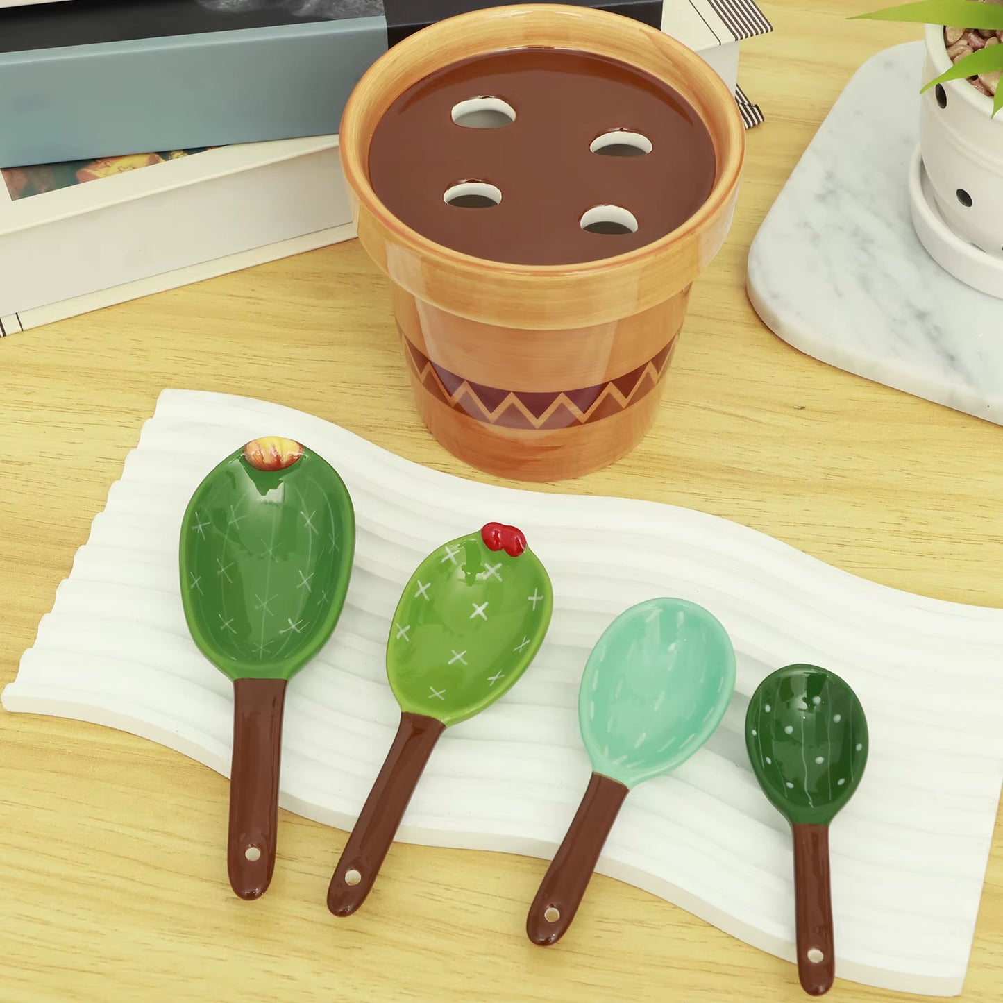 Adorable Cactus Porcelain Measuring Spoons Set - 4 Stylish Pieces with Unique Wavy and Solid Color Designs for Your Kitchen