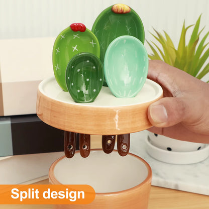 Adorable Cactus Porcelain Measuring Spoons Set - 4 Stylish Pieces with Unique Wavy and Solid Color Designs for Your Kitchen