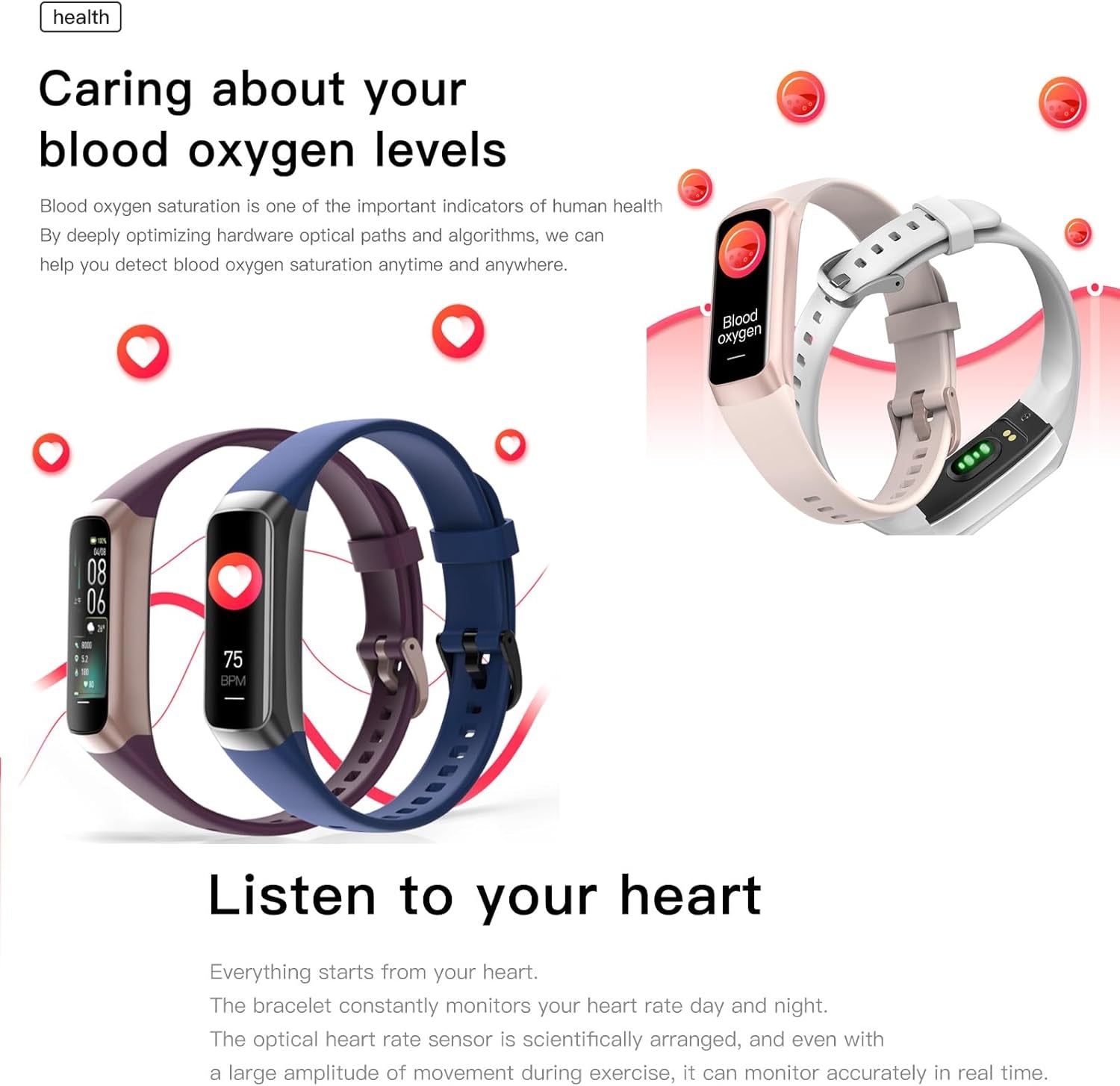 Health and Fitness Tracker for Men and Women with AMOLED Display, Step Counter, Heart Rate and Blood Pressure Monitor, Calorie Tracker, IP68 Waterproof, Compatible with Android and iOS