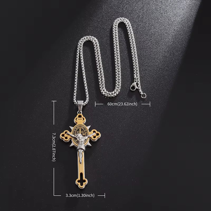 St. Benedict Cross Stainless Steel Pendant Necklace for Men and Women - Catholic Religious Jewelry