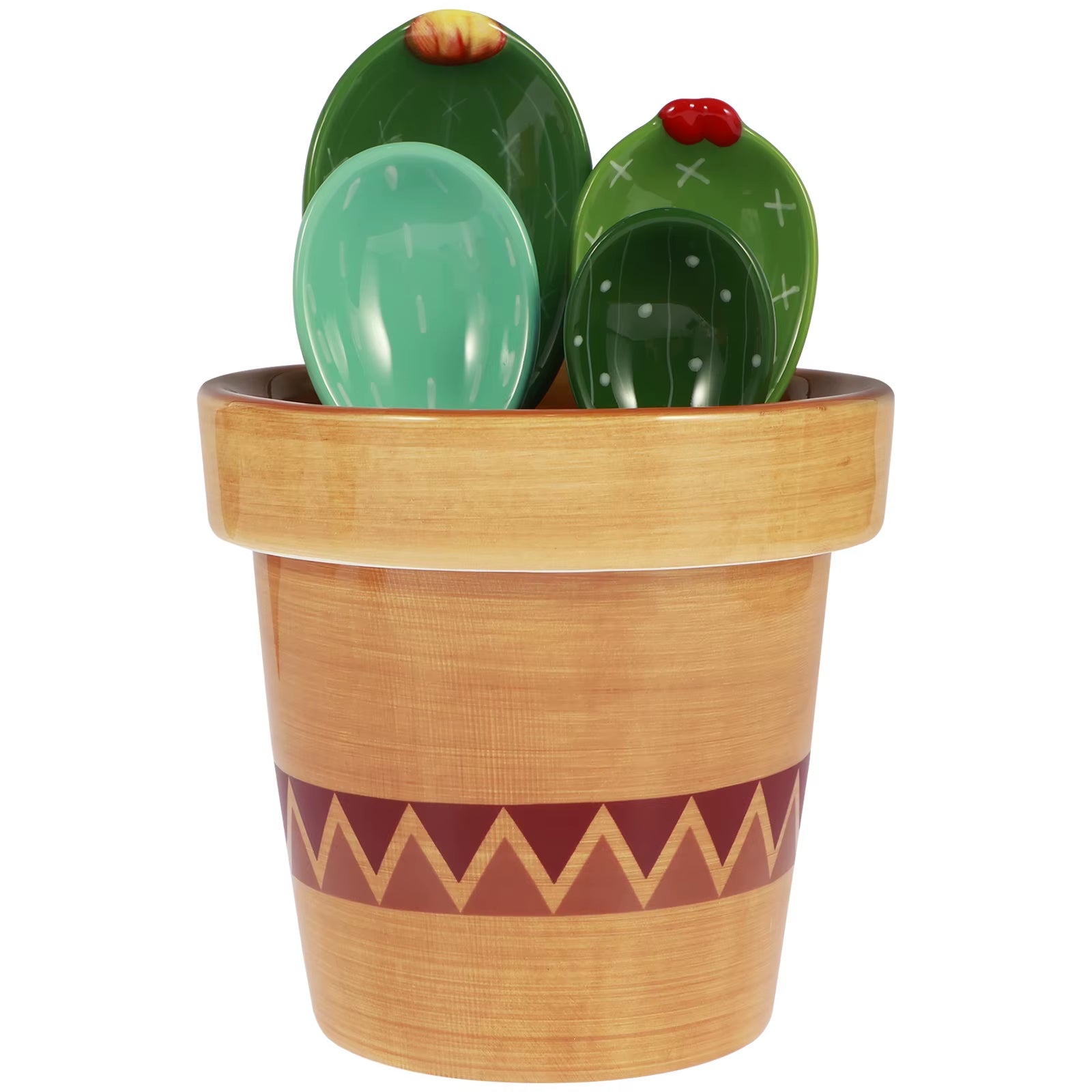 Adorable Cactus Porcelain Measuring Spoons Set - 4 Stylish Pieces with Unique Wavy and Solid Color Designs for Your Kitchen