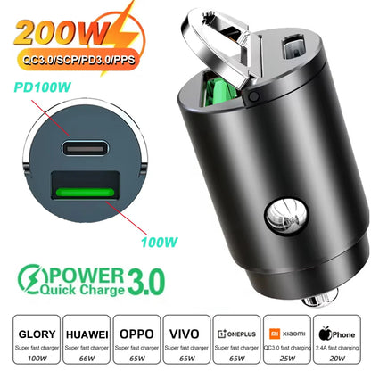 Rapid Charge Dual Port Mini USB Car Charger - 100-200W Cigarette Lighter Adapter for 12-24V Devices