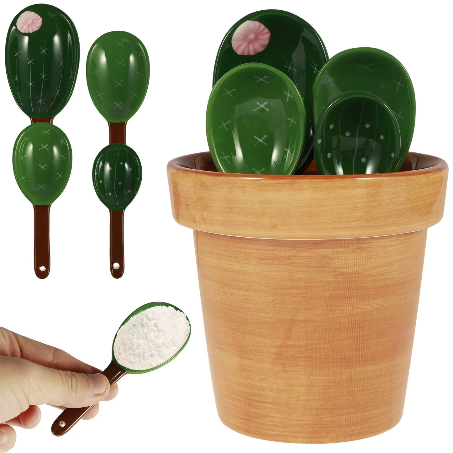 Adorable Cactus Porcelain Measuring Spoons Set - 4 Stylish Pieces with Unique Wavy and Solid Color Designs for Your Kitchen