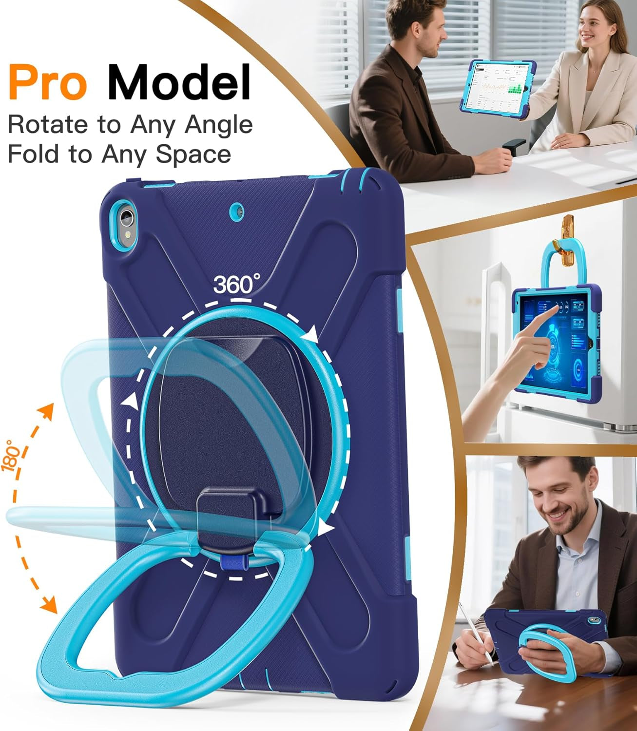 BATYUE Rugged Heavy-Duty Protective Case for iPad Pro 10.5 (2017) and iPad Air 3 (2019) with Pencil Holder, 360° Swivel Stand, and Shoulder Strap - Navy Blue and Blue