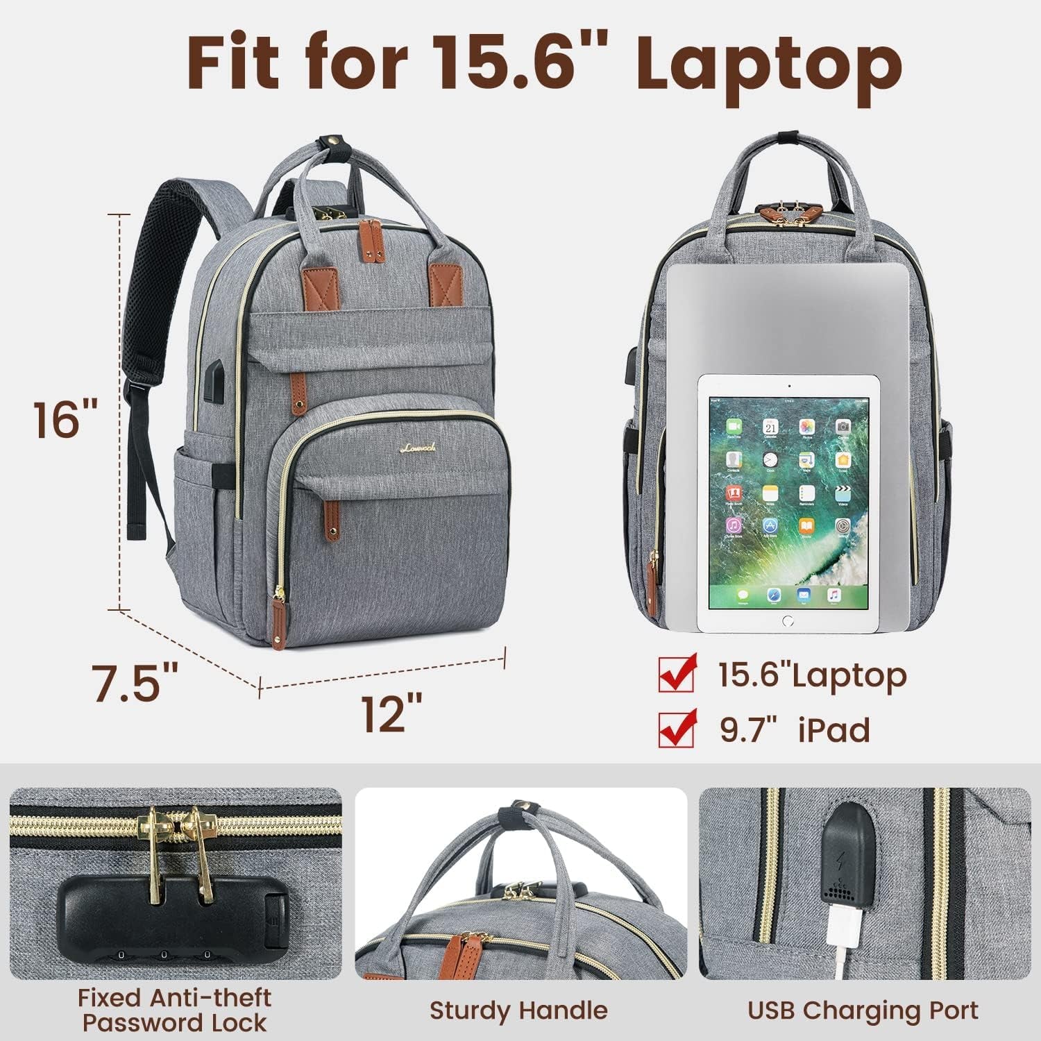 LOVEVOOK Anti-Theft Laptop Backpack - Stylish & Functional for Work, Travel, and Adventures - Fits 15.6" Laptops - Unisex Grey Design