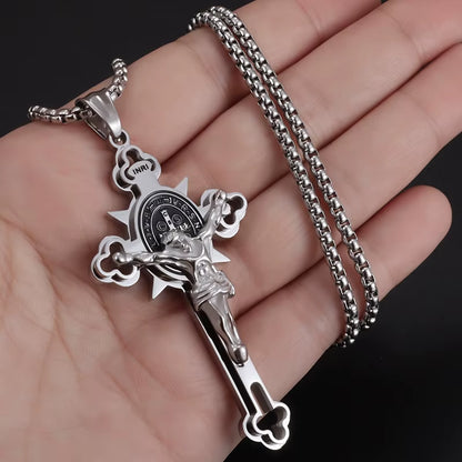 St. Benedict Cross Stainless Steel Pendant Necklace for Men and Women - Catholic Religious Jewelry
