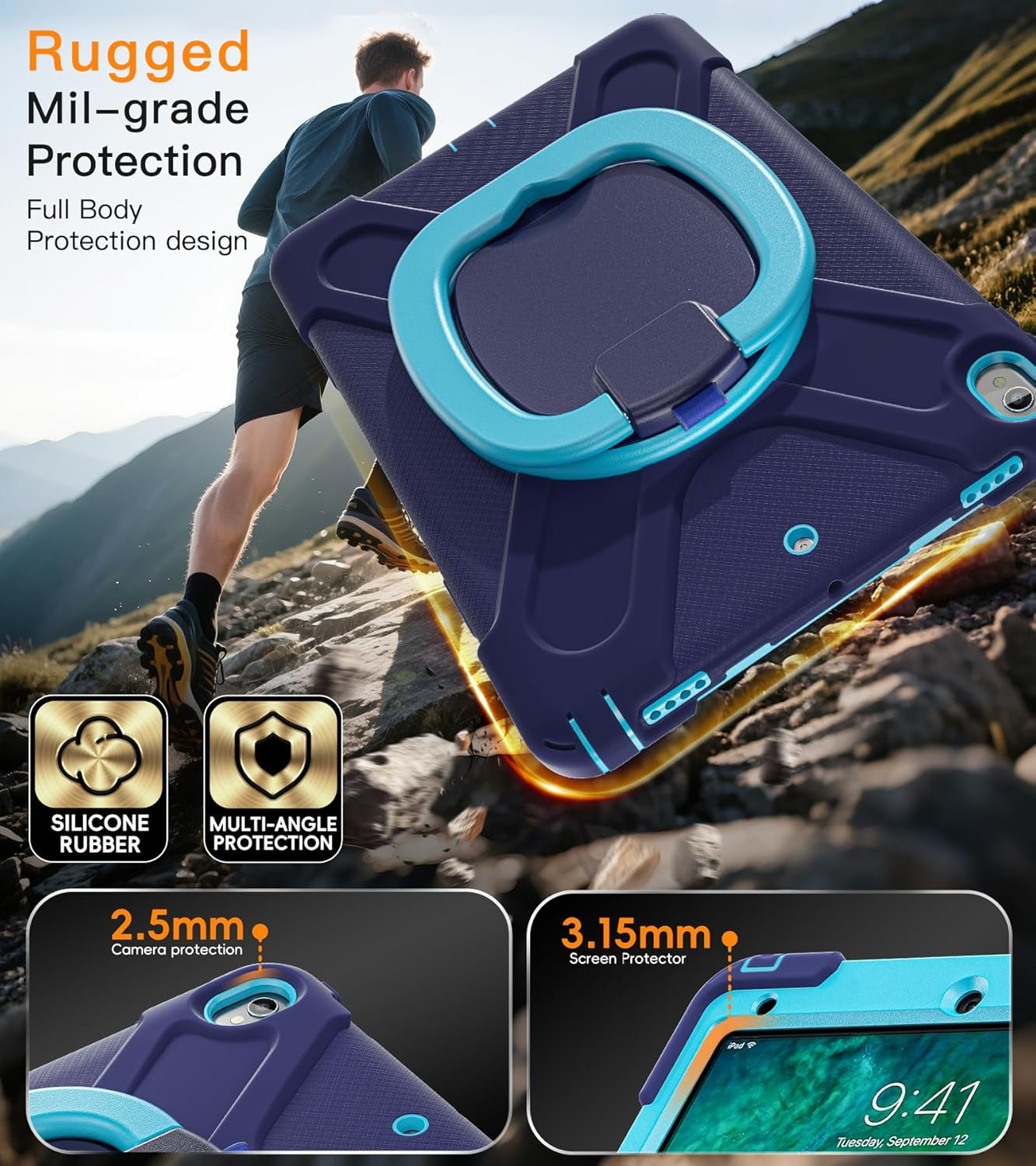 BATYUE Rugged Heavy-Duty Protective Case for iPad Pro 10.5 (2017) and iPad Air 3 (2019) with Pencil Holder, 360° Swivel Stand, and Shoulder Strap - Navy Blue and Blue