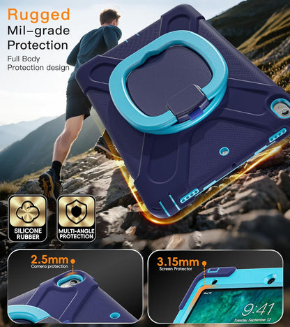 BATYUE Rugged Heavy-Duty Protective Case for iPad Pro 10.5 (2017) and iPad Air 3 (2019) with Pencil Holder, 360° Swivel Stand, and Shoulder Strap - Navy Blue and Blue