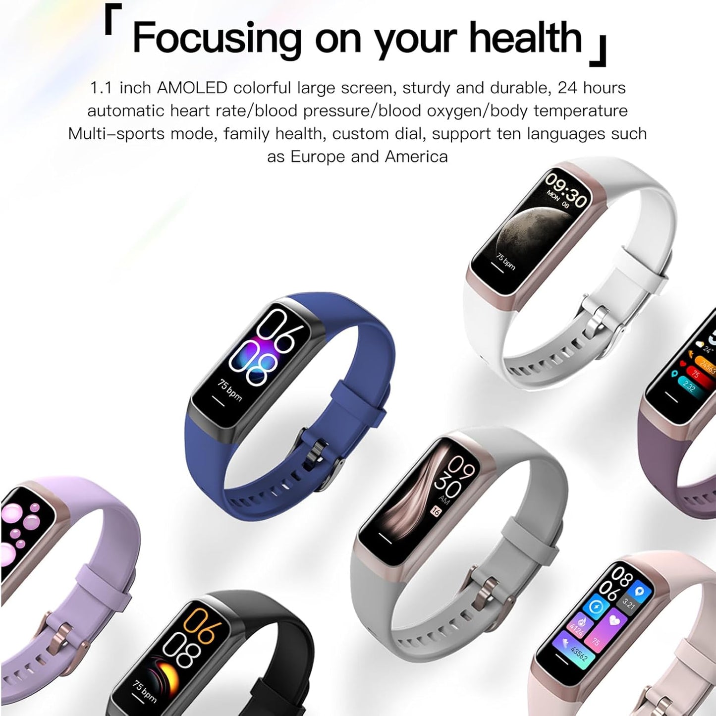Health and Fitness Tracker for Men and Women with AMOLED Display, Step Counter, Heart Rate and Blood Pressure Monitor, Calorie Tracker, IP68 Waterproof, Compatible with Android and iOS