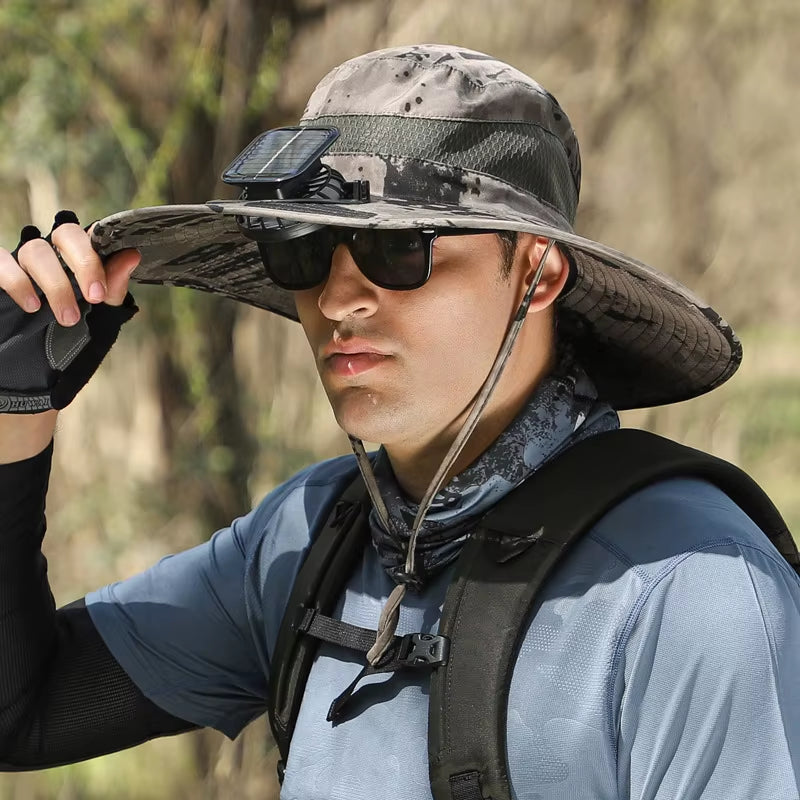 Ultimate Wide Brim Solar Fan Fishing Hat for Men - Stay Cool and Protected with UPF 50+ Sun Defense