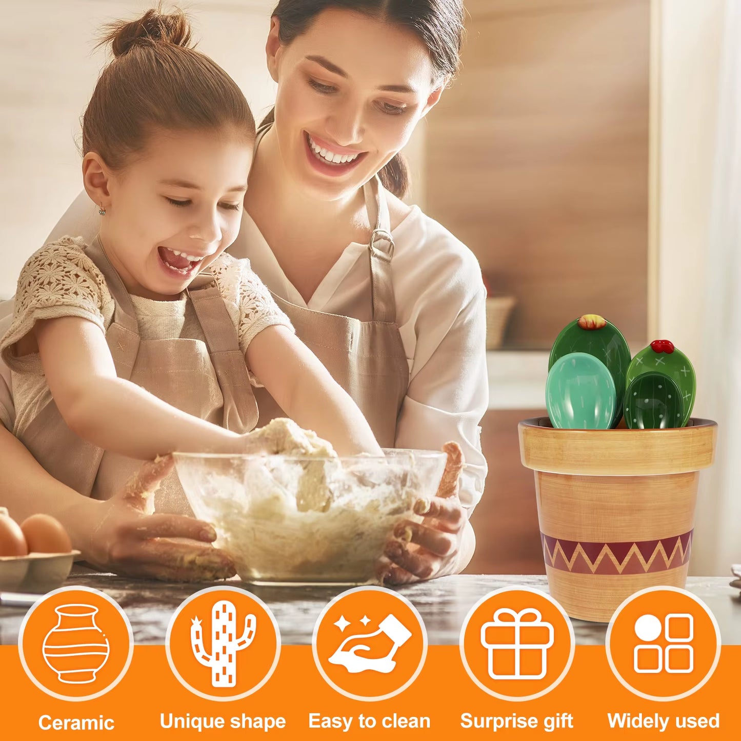 Adorable Cactus Porcelain Measuring Spoons Set - 4 Stylish Pieces with Unique Wavy and Solid Color Designs for Your Kitchen