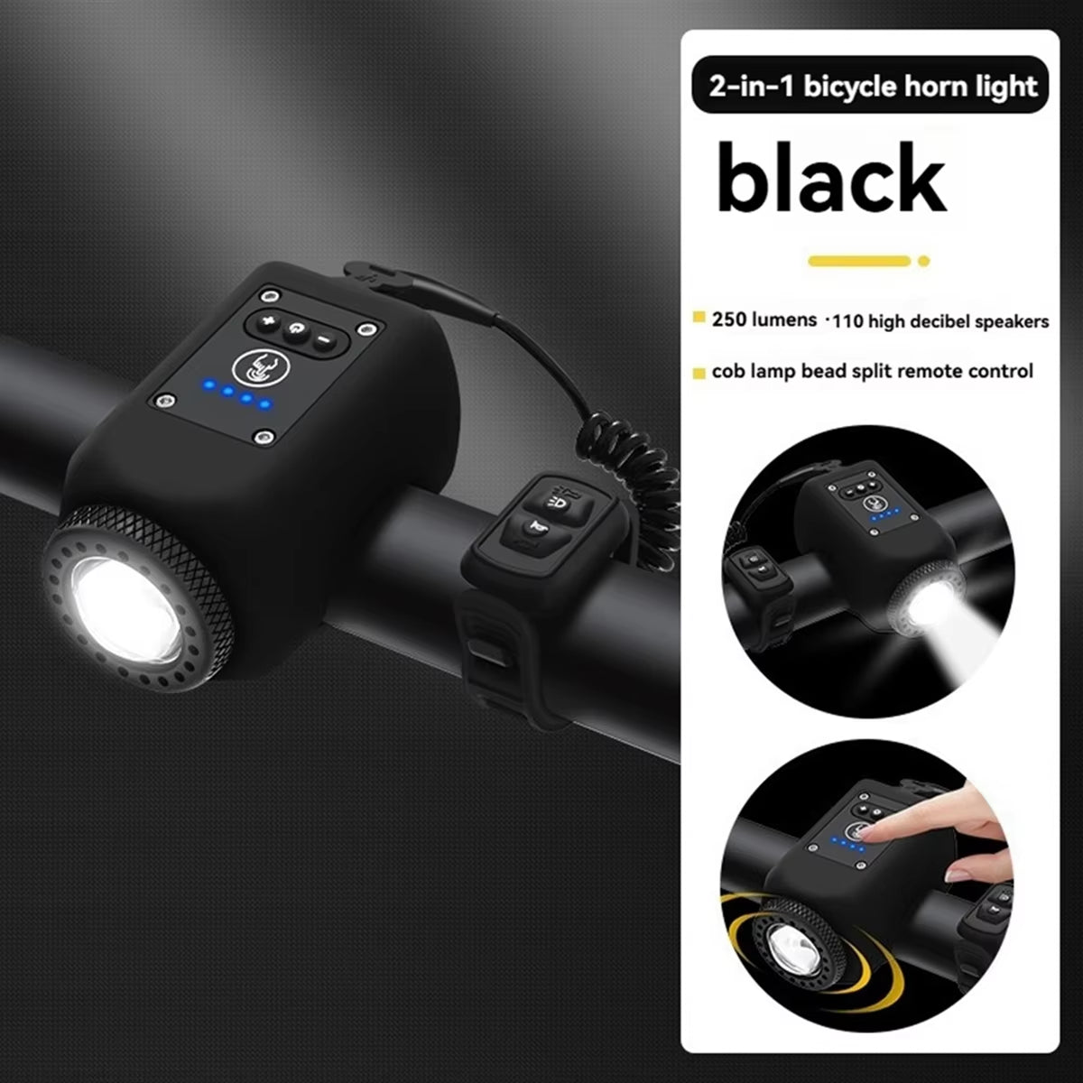 ABMO 2-in-1 Bike Light and Horn Set for Night Cycling, Featuring 4 Light Modes and IPX5 Water Resistance, Black