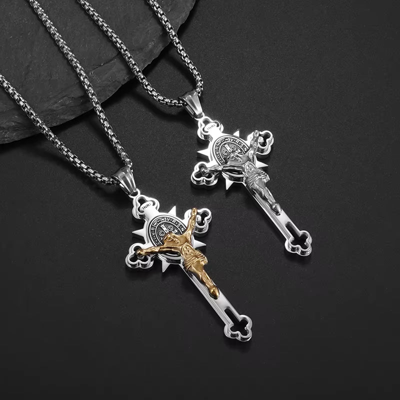 St. Benedict Cross Stainless Steel Pendant Necklace for Men and Women - Catholic Religious Jewelry