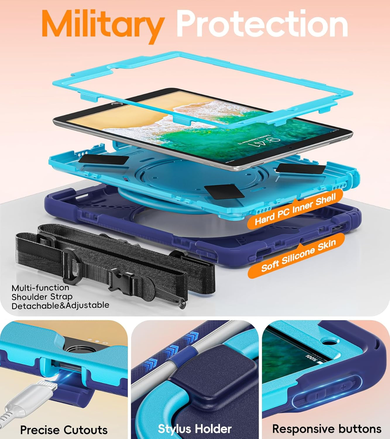 BATYUE Rugged Heavy-Duty Protective Case for iPad Pro 10.5 (2017) and iPad Air 3 (2019) with Pencil Holder, 360° Swivel Stand, and Shoulder Strap - Navy Blue and Blue