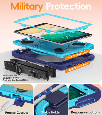 BATYUE Rugged Heavy-Duty Protective Case for iPad Pro 10.5 (2017) and iPad Air 3 (2019) with Pencil Holder, 360° Swivel Stand, and Shoulder Strap - Navy Blue and Blue