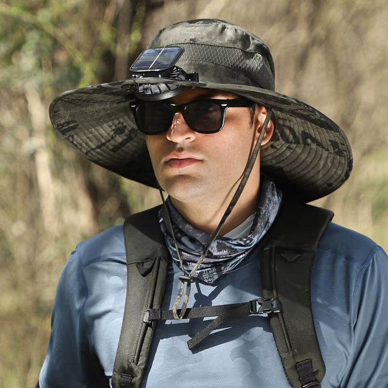 Ultimate Wide Brim Solar Fan Fishing Hat for Men - Stay Cool and Protected with UPF 50+ Sun Defense