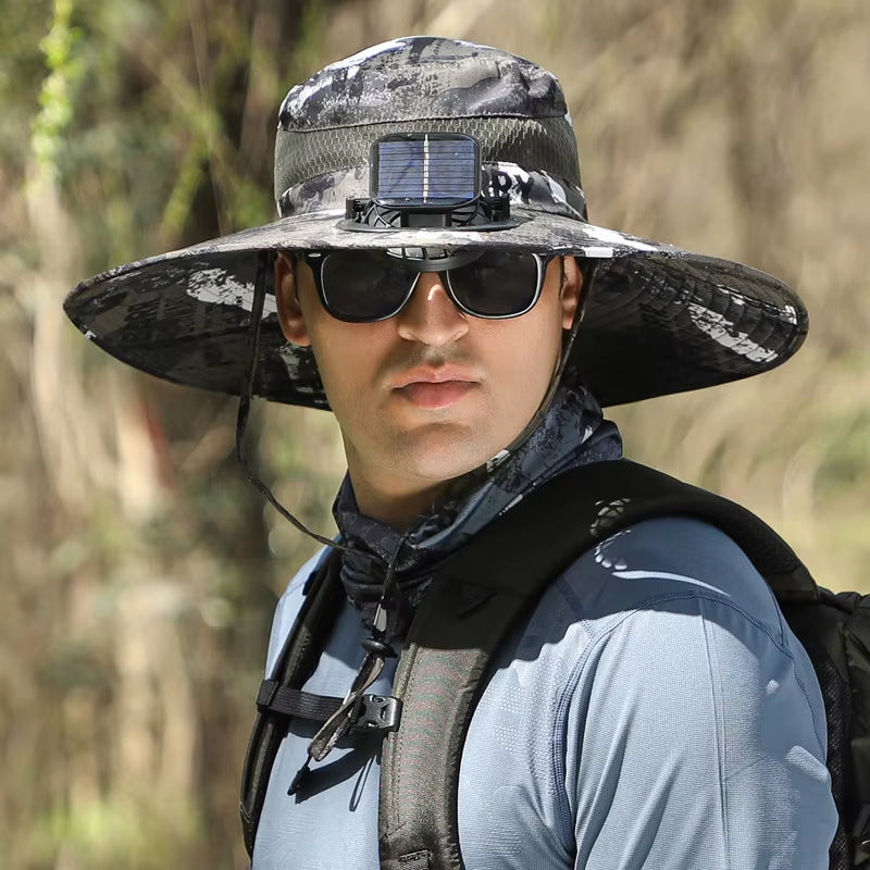 Ultimate Wide Brim Solar Fan Fishing Hat for Men - Stay Cool and Protected with UPF 50+ Sun Defense