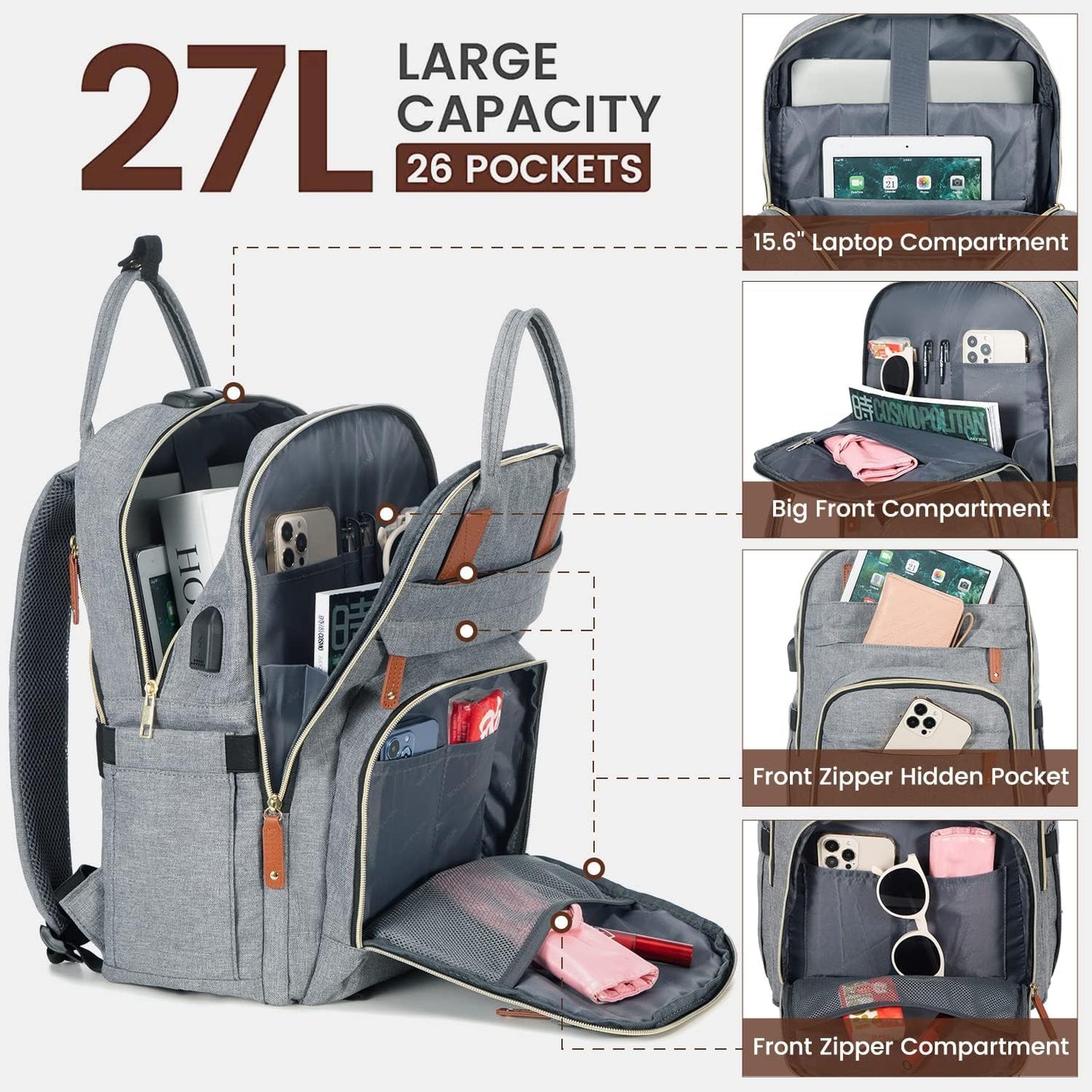 LOVEVOOK Anti-Theft Laptop Backpack - Stylish & Functional for Work, Travel, and Adventures - Fits 15.6" Laptops - Unisex Grey Design