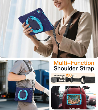 BATYUE Rugged Heavy-Duty Protective Case for iPad Pro 10.5 (2017) and iPad Air 3 (2019) with Pencil Holder, 360° Swivel Stand, and Shoulder Strap - Navy Blue and Blue