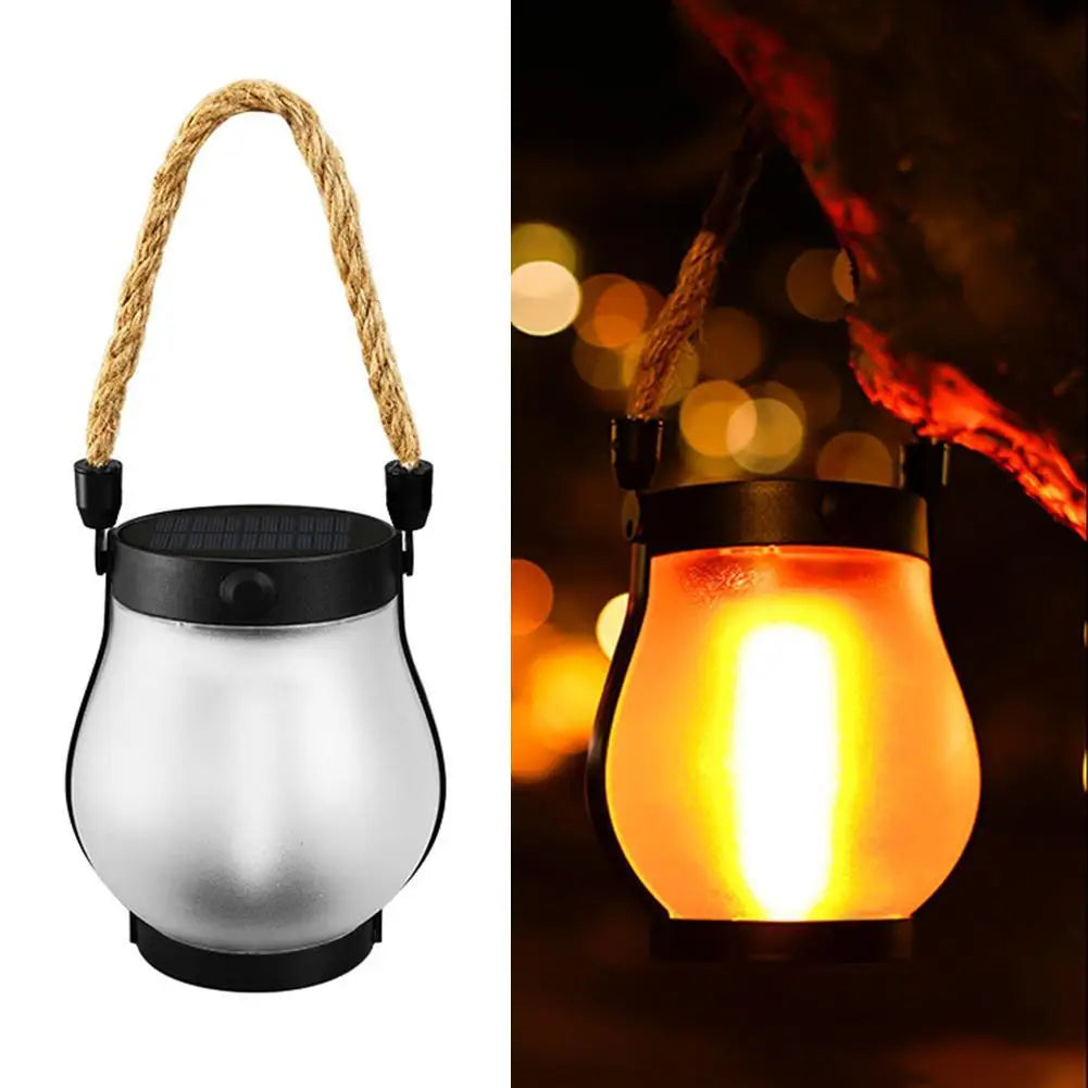 Rechargeable Solar Flame Lantern for Outdoor Decoration and Camping with Hemp Rope Hanger