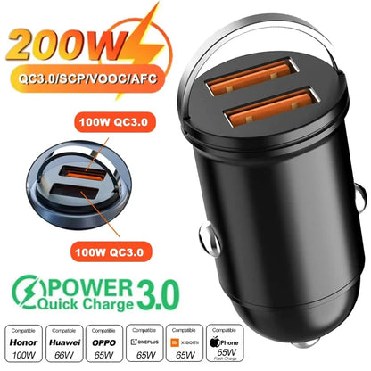 Rapid Charge Dual Port Mini USB Car Charger - 100-200W Cigarette Lighter Adapter for 12-24V Devices