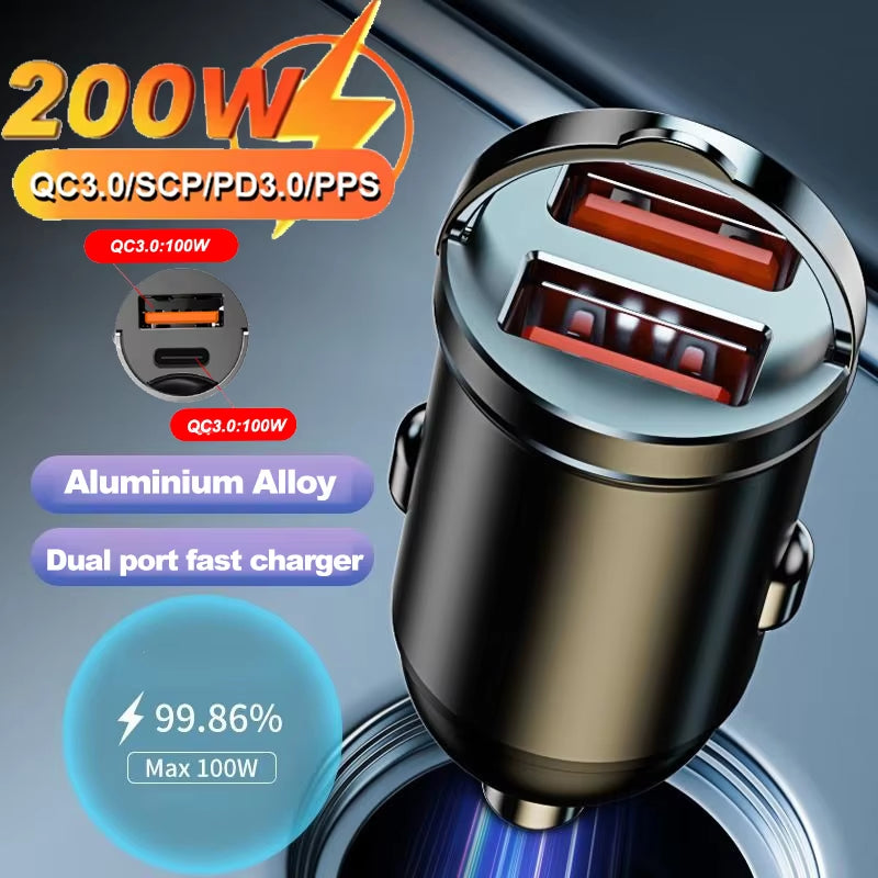Rapid Charge Dual Port Mini USB Car Charger - 100-200W Cigarette Lighter Adapter for 12-24V Devices