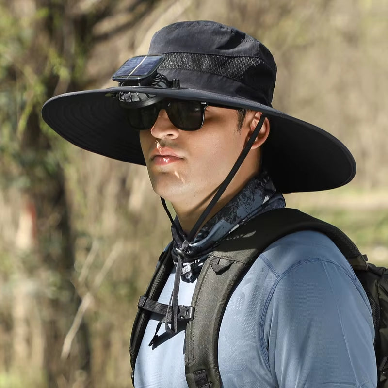 Ultimate Wide Brim Solar Fan Fishing Hat for Men - Stay Cool and Protected with UPF 50+ Sun Defense