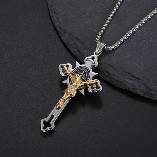 St. Benedict Cross Stainless Steel Pendant Necklace for Men and Women - Catholic Religious Jewelry
