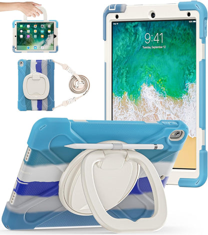 BATYUE Rugged Heavy-Duty Protective Case for iPad Pro 10.5 (2017) and iPad Air 3 (2019) with Pencil Holder, 360° Swivel Stand, and Shoulder Strap - Navy Blue and Blue
