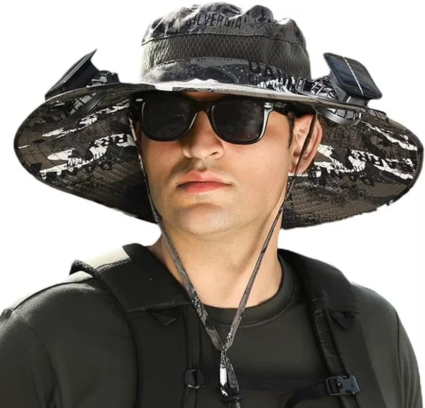Ultimate Wide Brim Solar Fan Fishing Hat for Men - Stay Cool and Protected with UPF 50+ Sun Defense
