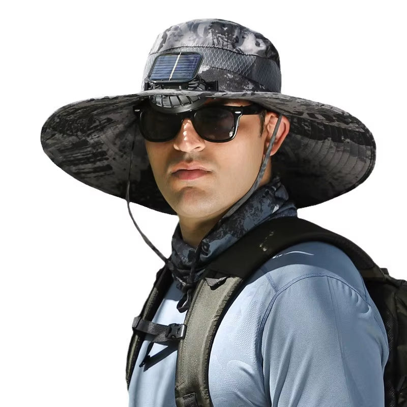 Ultimate Wide Brim Solar Fan Fishing Hat for Men - Stay Cool and Protected with UPF 50+ Sun Defense