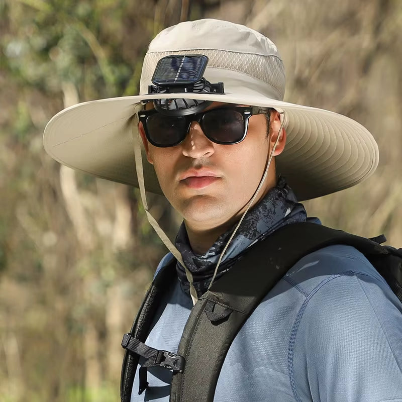 Ultimate Wide Brim Solar Fan Fishing Hat for Men - Stay Cool and Protected with UPF 50+ Sun Defense
