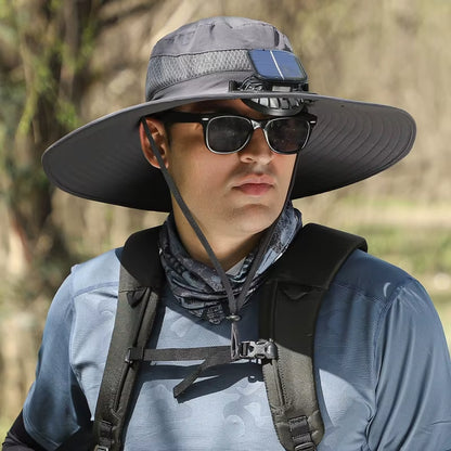 Ultimate Wide Brim Solar Fan Fishing Hat for Men - Stay Cool and Protected with UPF 50+ Sun Defense