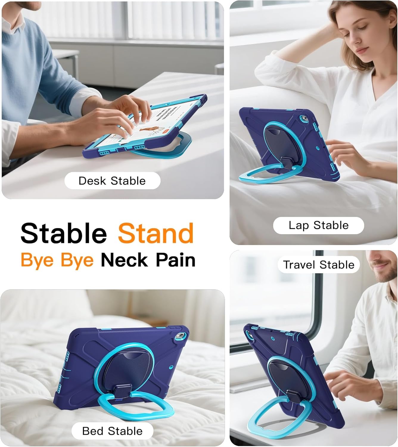 BATYUE Rugged Heavy-Duty Protective Case for iPad Pro 10.5 (2017) and iPad Air 3 (2019) with Pencil Holder, 360° Swivel Stand, and Shoulder Strap - Navy Blue and Blue
