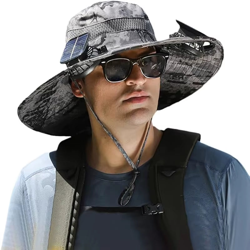 Ultimate Wide Brim Solar Fan Fishing Hat for Men - Stay Cool and Protected with UPF 50+ Sun Defense