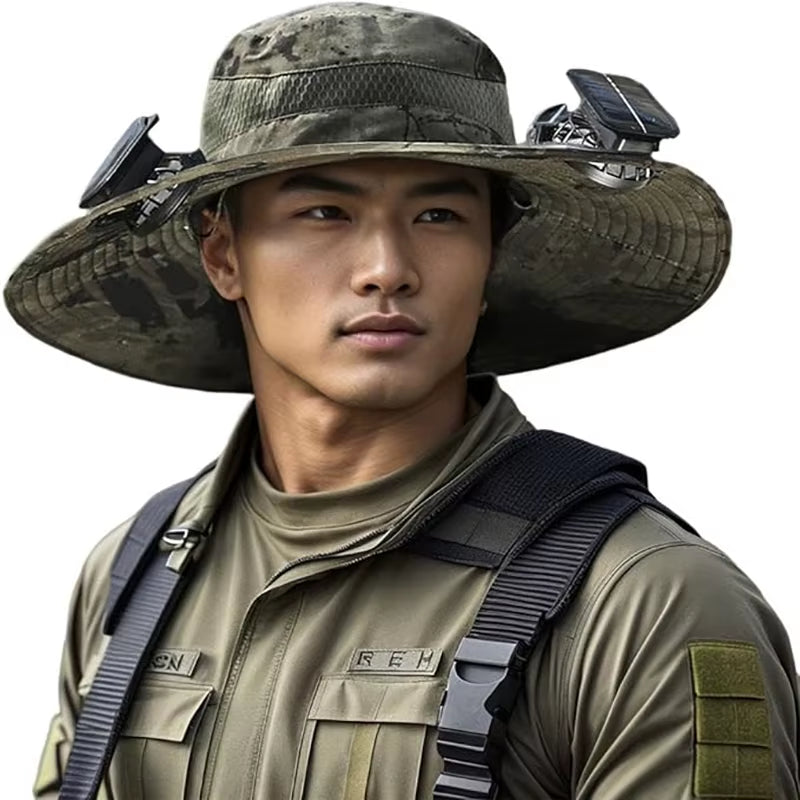 Ultimate Wide Brim Solar Fan Fishing Hat for Men - Stay Cool and Protected with UPF 50+ Sun Defense
