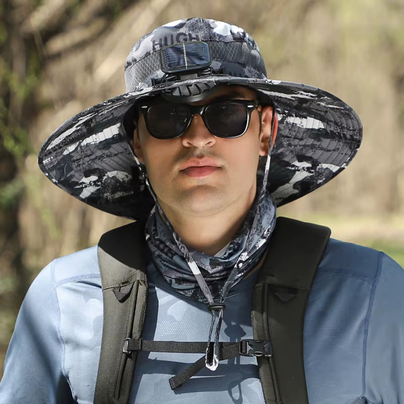 Ultimate Wide Brim Solar Fan Fishing Hat for Men - Stay Cool and Protected with UPF 50+ Sun Defense