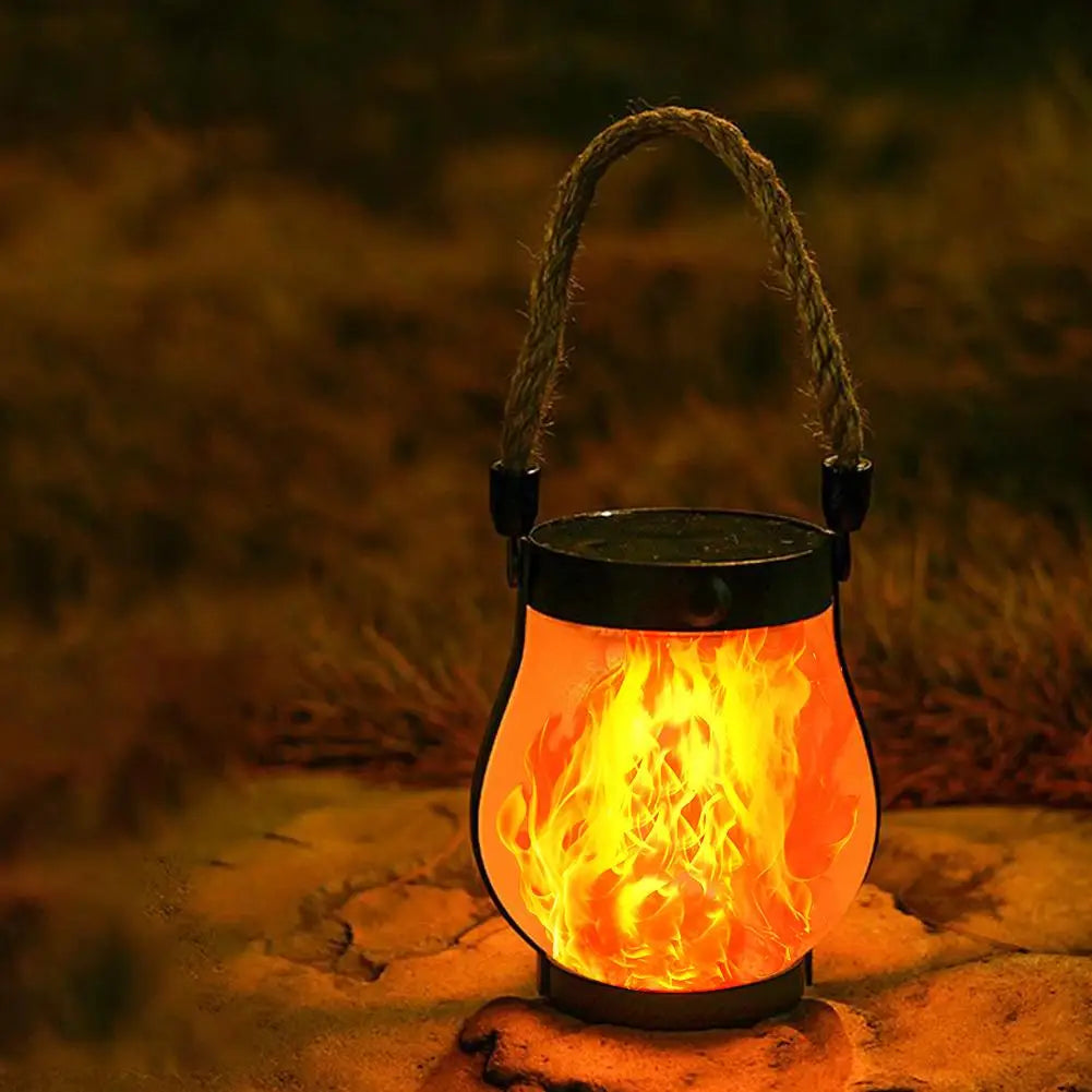 Rechargeable Solar Flame Lantern for Outdoor Decoration and Camping with Hemp Rope Hanger