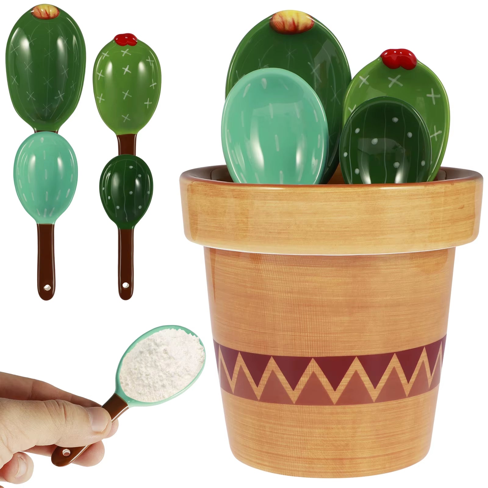 Adorable Cactus Porcelain Measuring Spoons Set - 4 Stylish Pieces with Unique Wavy and Solid Color Designs for Your Kitchen