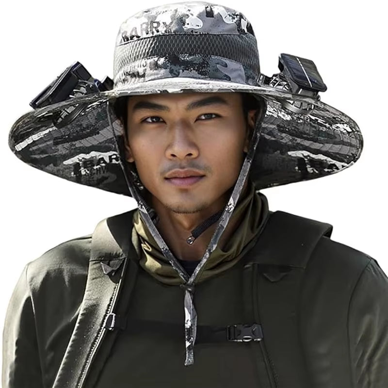 Ultimate Wide Brim Solar Fan Fishing Hat for Men - Stay Cool and Protected with UPF 50+ Sun Defense