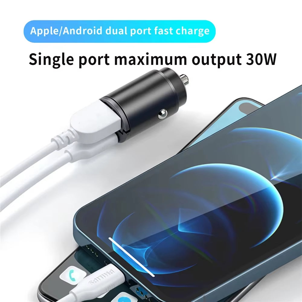 Rapid Charge Dual Port Mini USB Car Charger - 100-200W Cigarette Lighter Adapter for 12-24V Devices