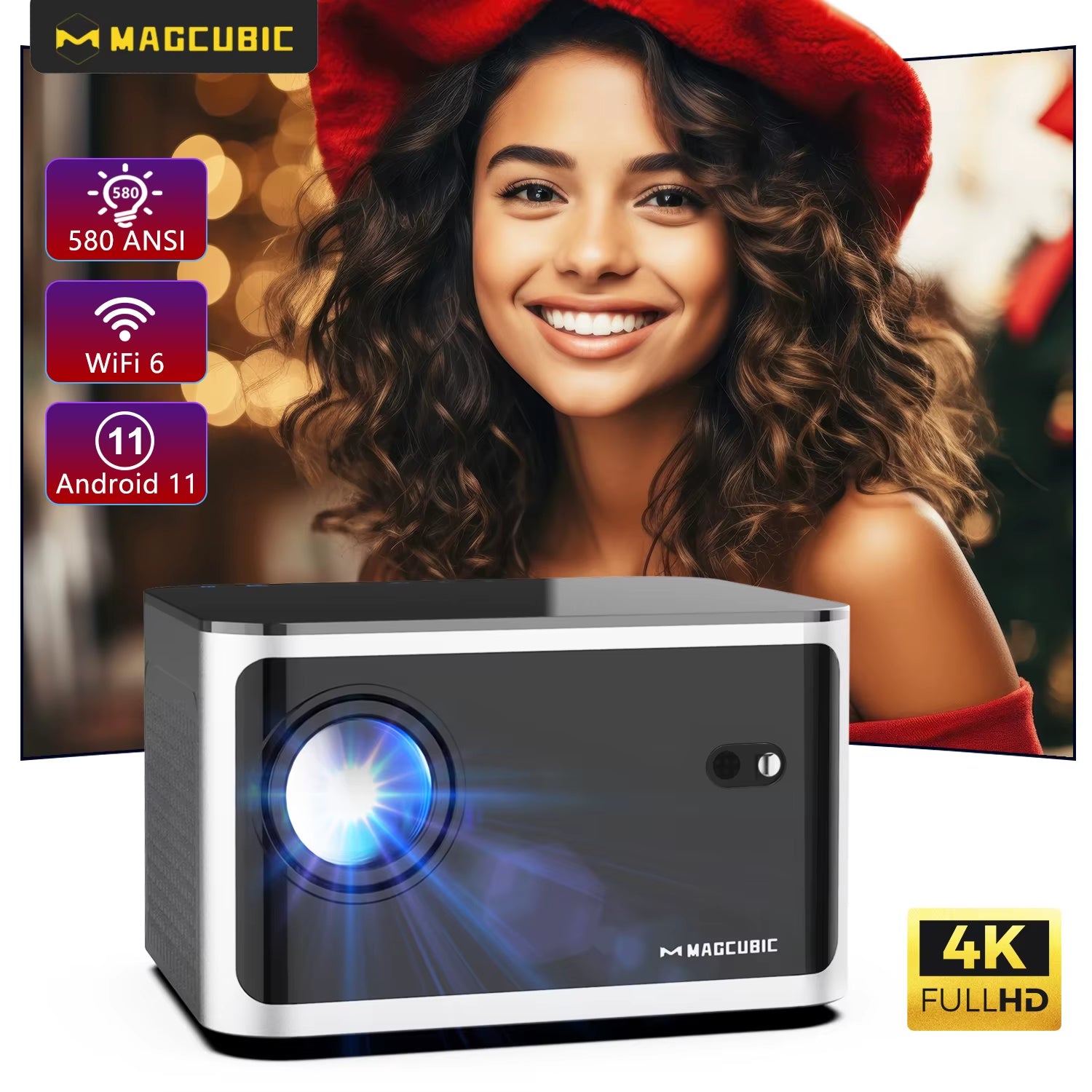 Magcubic HY350 Pro 580 ANSI Lumens Auto Focus Projector with Android 11, 4K/1080P Resolution, WiFi 6, Voice Control, and Bluetooth 5.0 for Home Cinema