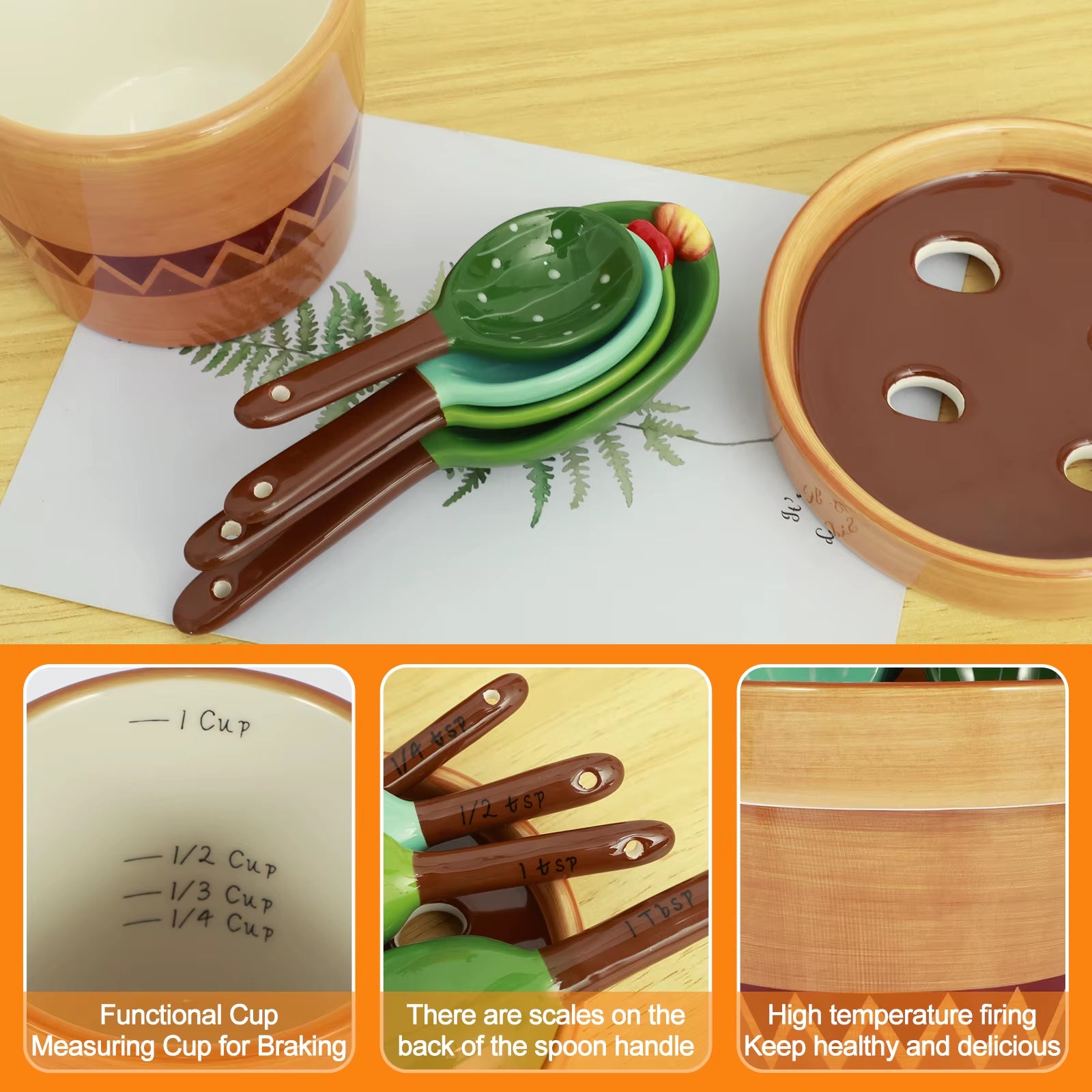 Adorable Cactus Porcelain Measuring Spoons Set - 4 Stylish Pieces with Unique Wavy and Solid Color Designs for Your Kitchen