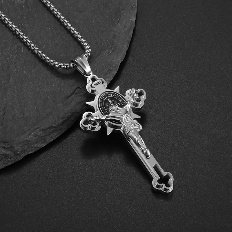 St. Benedict Cross Stainless Steel Pendant Necklace for Men and Women - Catholic Religious Jewelry