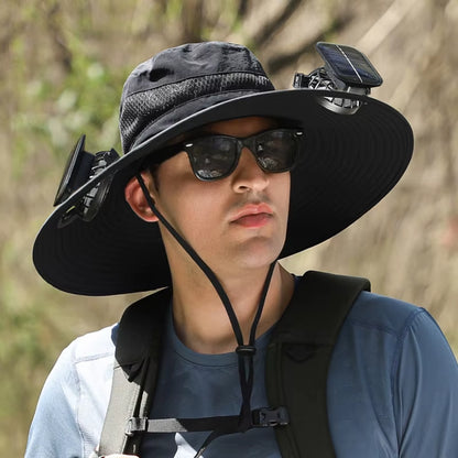 Ultimate Wide Brim Solar Fan Fishing Hat for Men - Stay Cool and Protected with UPF 50+ Sun Defense